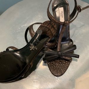 Prada heel sandals snakeskin print black bow.